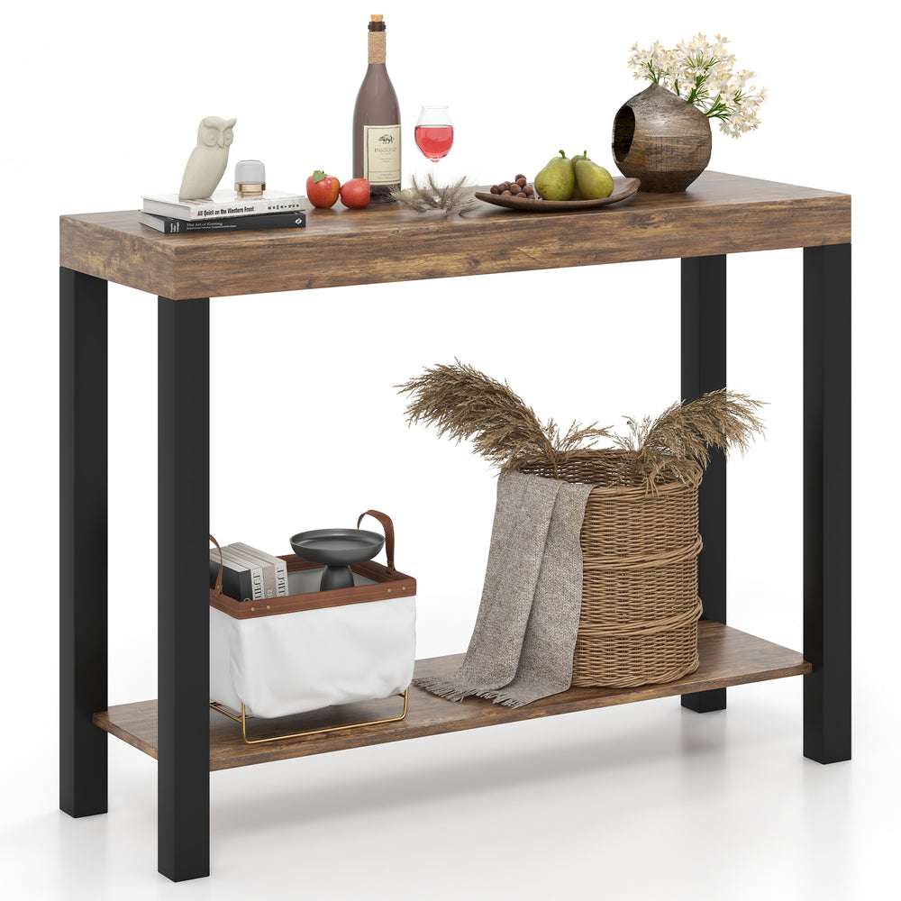 Rustic brown 2-tier home bar table with open shelves, perfect for kitchen or living room storage and decor.