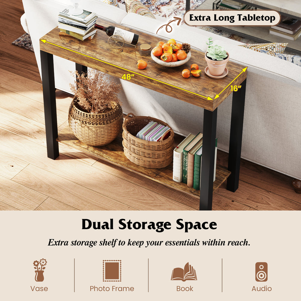 2-tier home bar table with rustic brown finish, featuring an extra-long tabletop and open storage shelves for versatile.