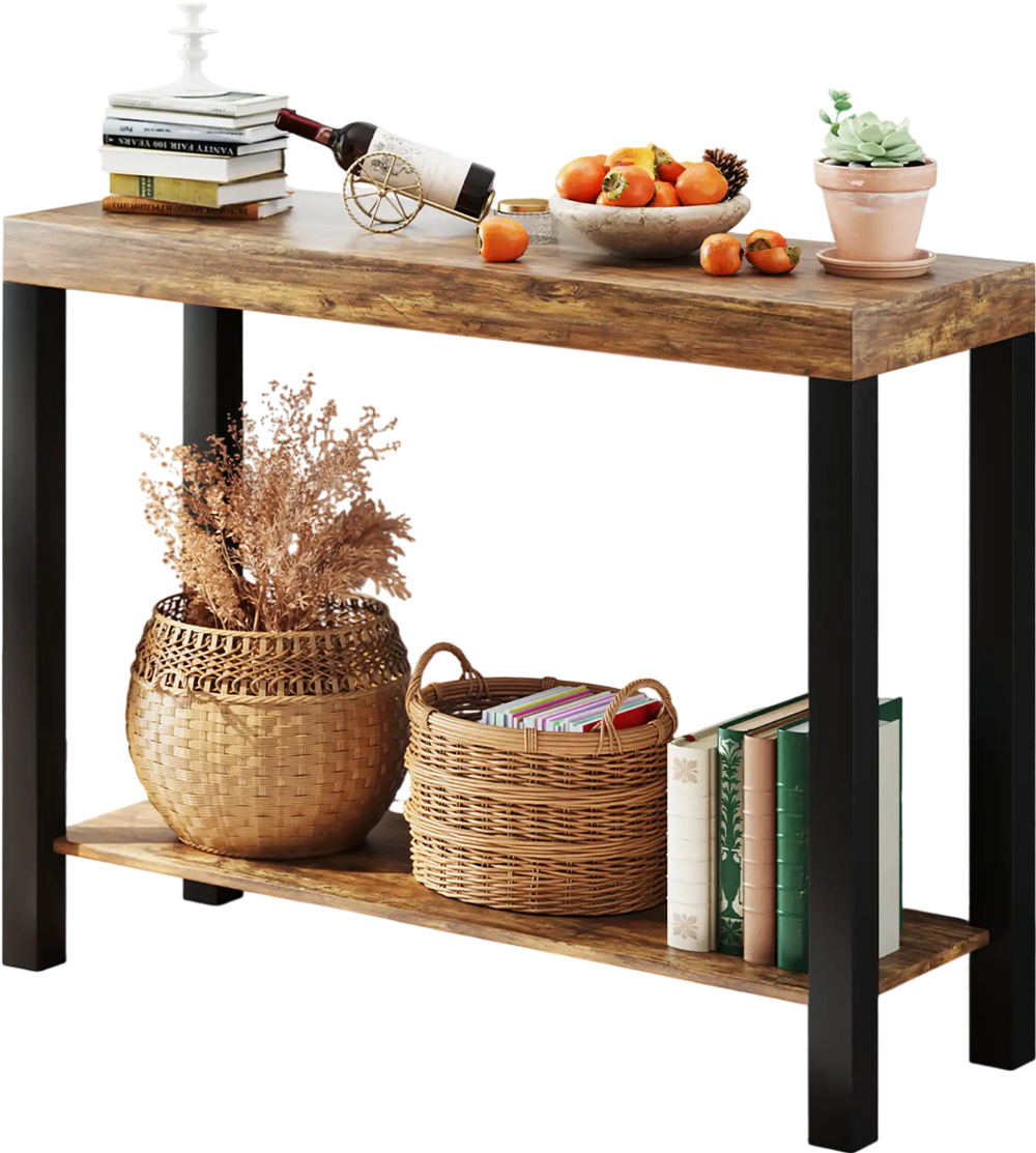 Rustic brown 2-tier home bar table showcasing an extra-long tabletop and stylish open shelves for organized storage.