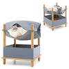 2-tier wooden cat house in gray with hammock design, bamboo frame, and removable storage shelf for cat supplies.