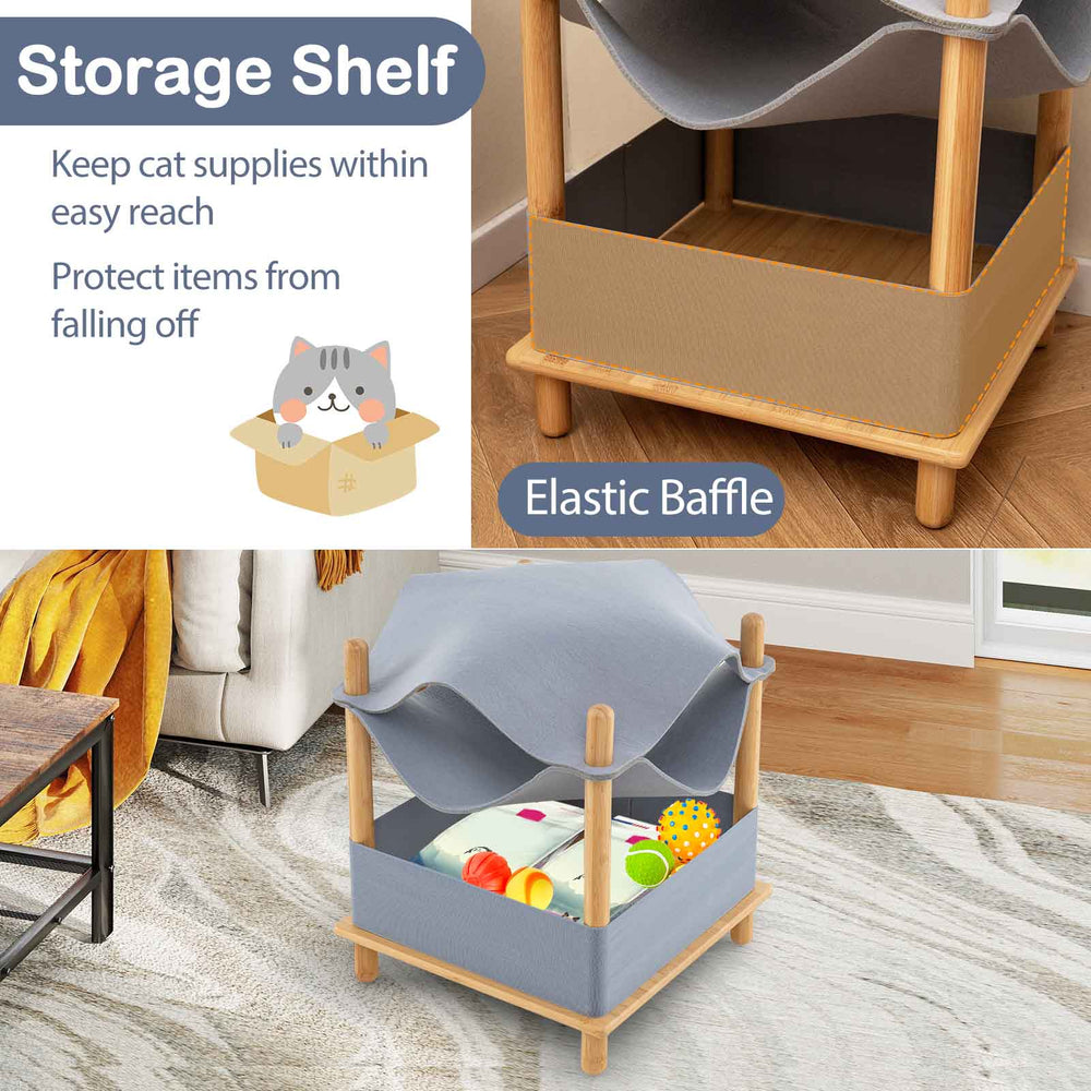 2-tier wooden cat house with gray felt, featuring a hammock design and storage shelf for easy access to supplies.