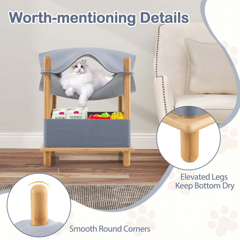 2-tier wooden cat house in gray with elevated legs, removable cloth, and semi-enclosed condo for cozy cat lounging.