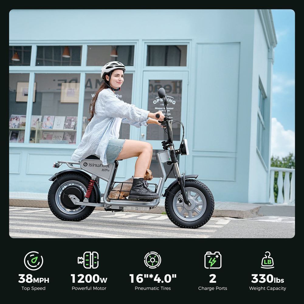 Rider on isinwheel H7Pro with key stats (38 mph, 1200W, 16x4 tires, 2 charge ports, 330 lbs)