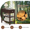 Narrow walnut end table with drawer and storage shelves, featuring solid rubber wood legs for durability and style.
