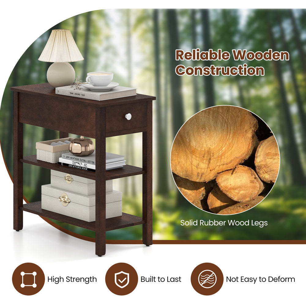 Narrow walnut end table with drawer and storage shelves, featuring solid rubber wood legs for durability and style.