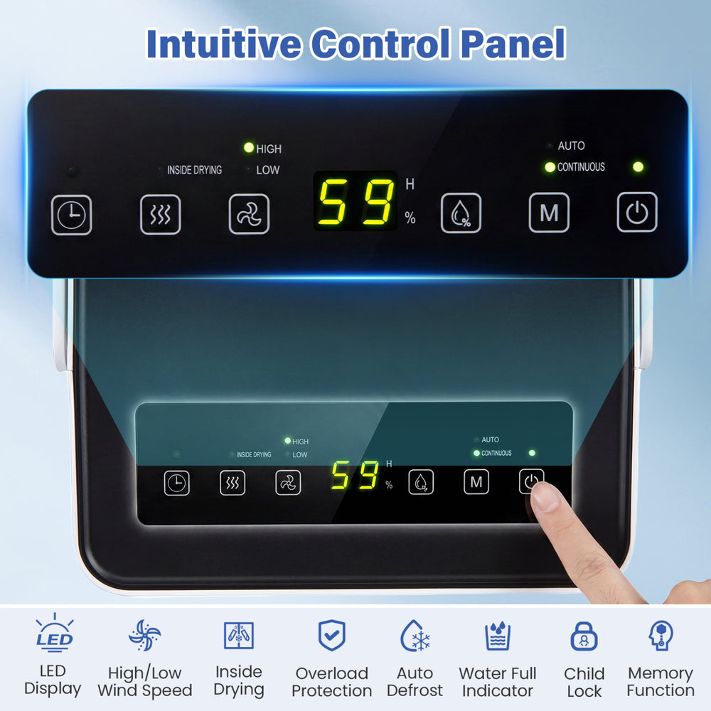 Intuitive control panel with LED display for the 2000 Sq.Ft 32 Pint compressor dehumidifier for easy humidity management.