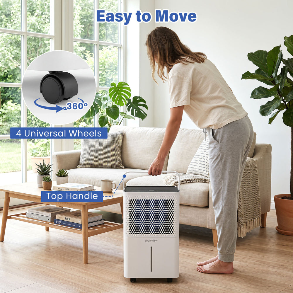 Dehumidifier with a top handle and 4 universal wheels for easy mobility, ideal for bedrooms and basements.