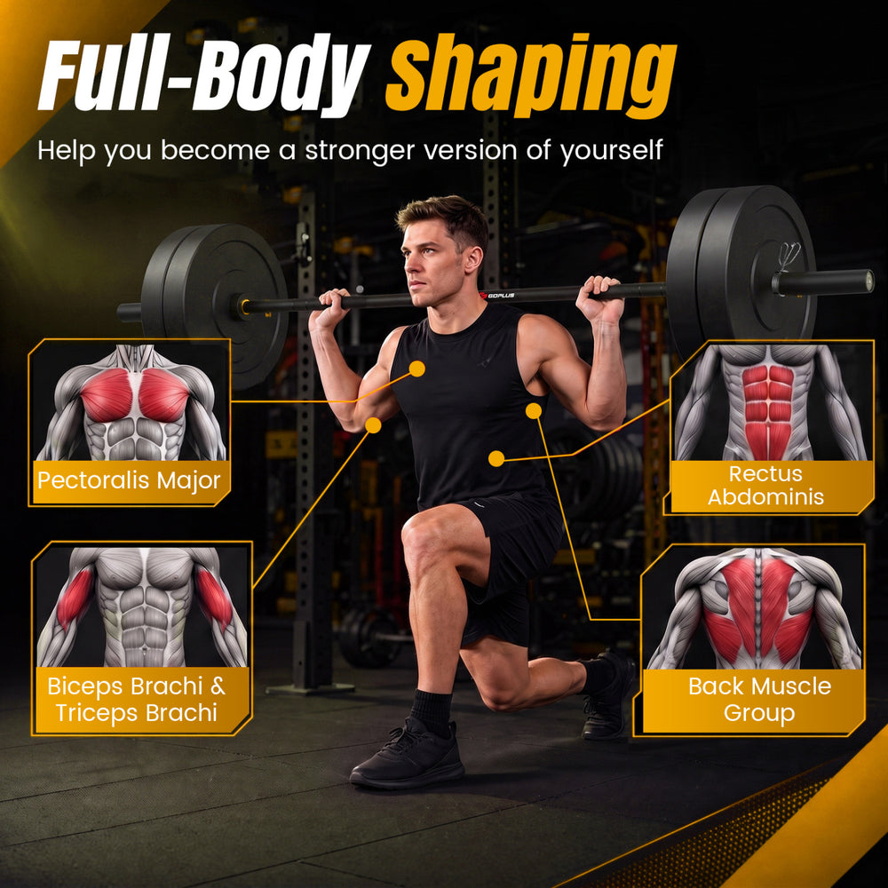 Olympic barbell designed for weight lifting, featuring deep knurling and a 2000 lbs load capacity for full-body workouts.