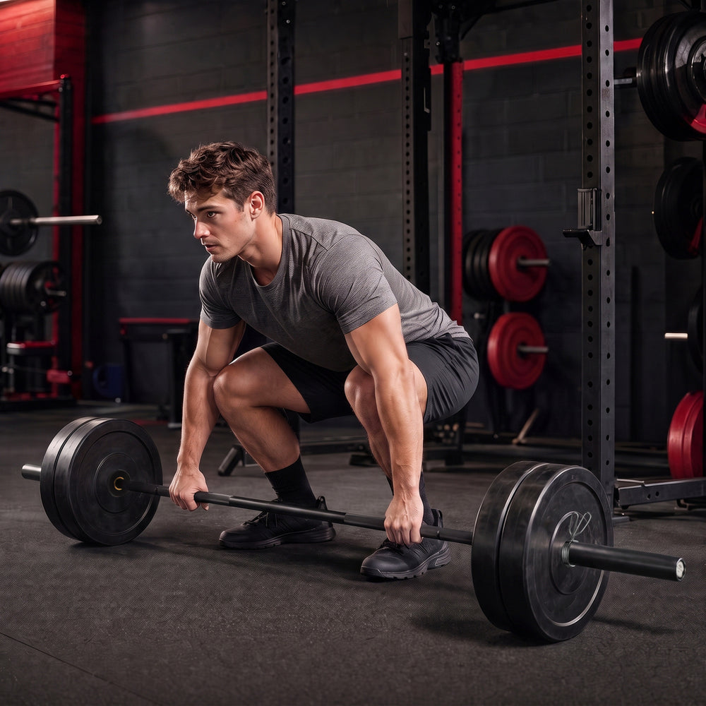 Weight lifting with a 7FT Olympic barbell featuring deep knurling and 2000 lbs capacity for home gym workouts.