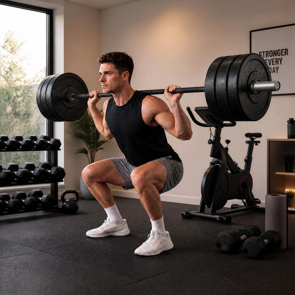 A man performs a squat with a 2000 lbs weight lifting 7FT Olympic bar in a modern home gym setting.