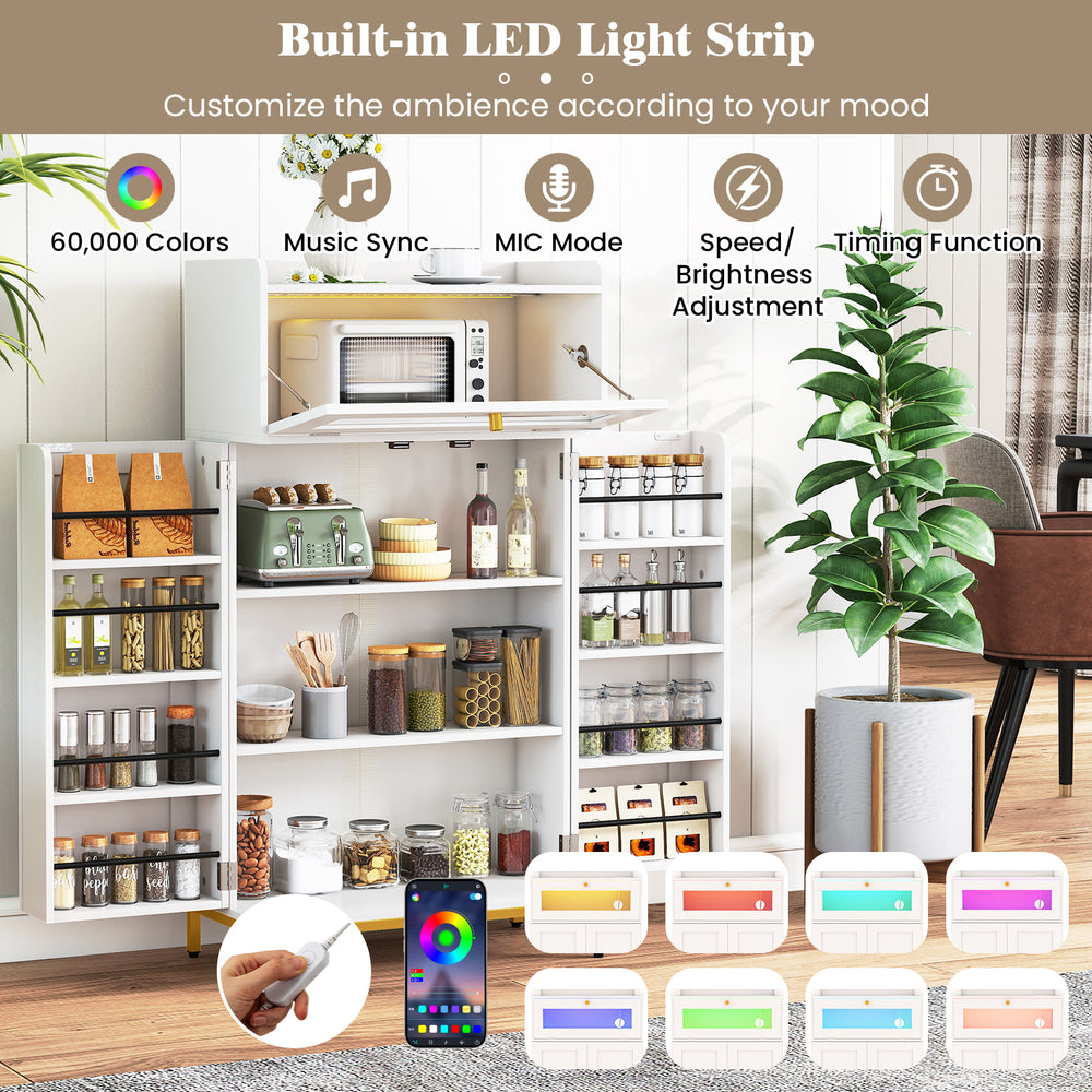 Freestanding white kitchen pantry cabinet with built-in LED light strip, multiple shelves, and power outlets for.