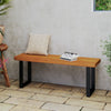 Acacia wood outdoor bench with a sturdy metal frame, ideal for patio dining or garden seating, comfortably seats 2.
