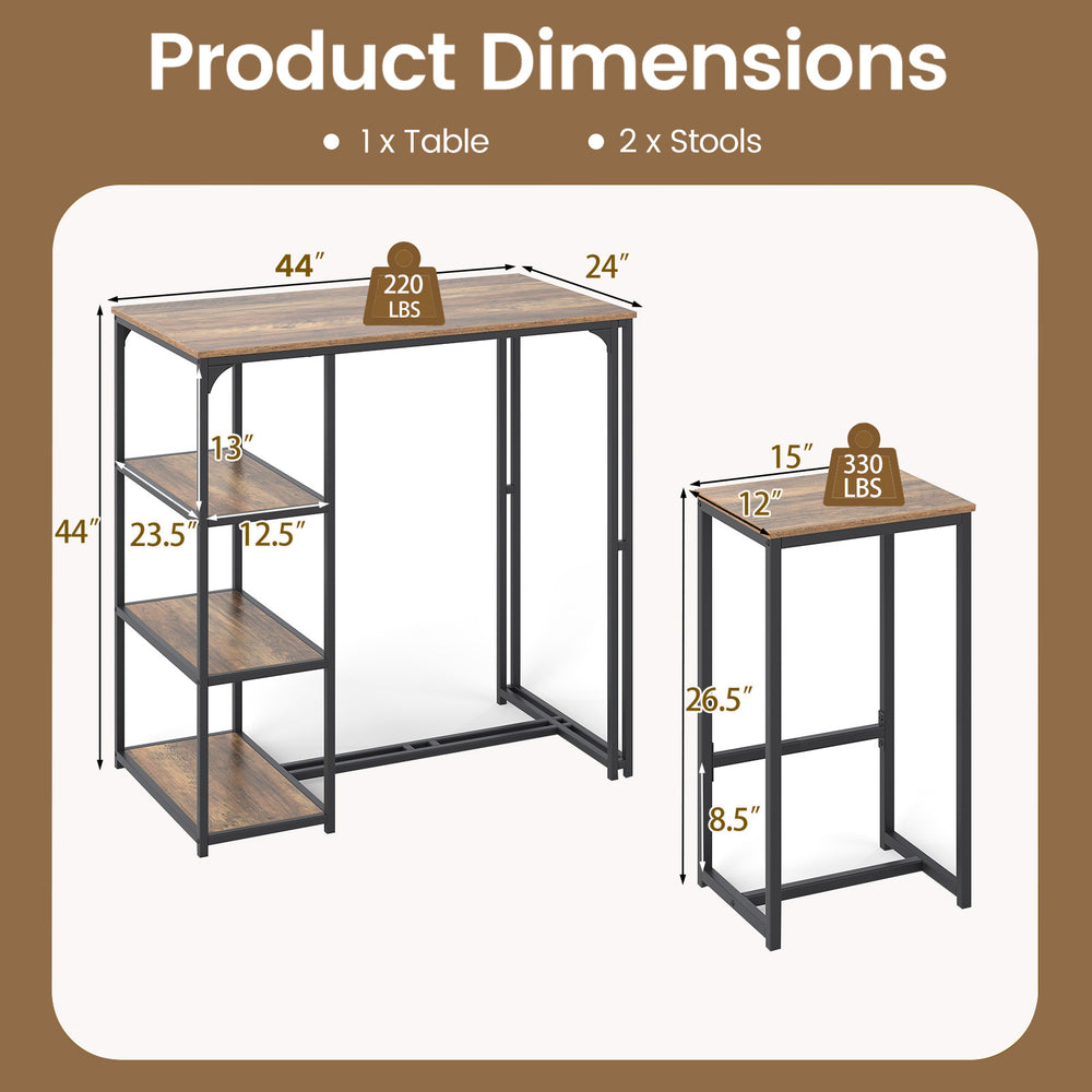 3-piece bar table set featuring a rustic brown table with 2 stools, includes storage shelves for space-saving dining.