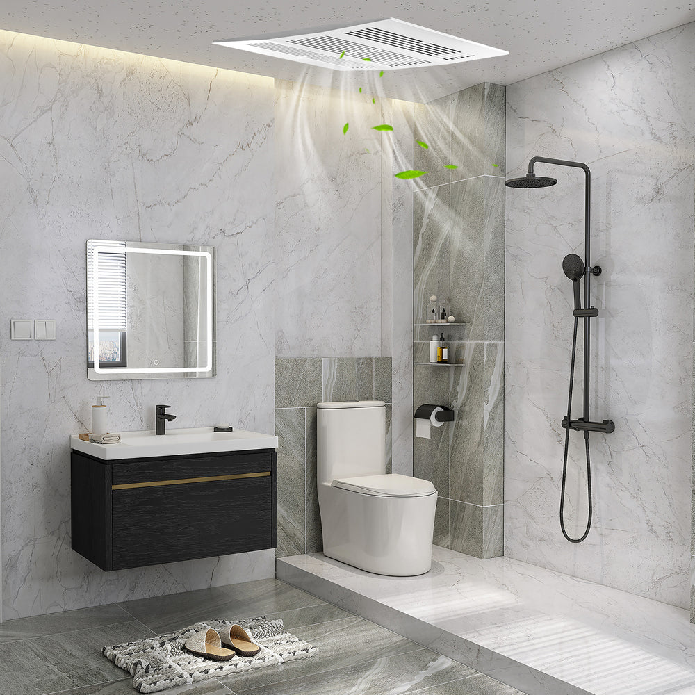 200 CFM bathroom exhaust fan with metal housing, designed for rooms up to 200 sq. ft, shown in a modern bathroom.