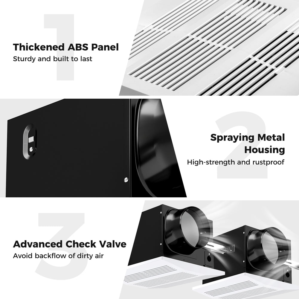 Thickened ABS panel and spraying metal housing of the 200 CFM bathroom exhaust fan for durability and efficiency.