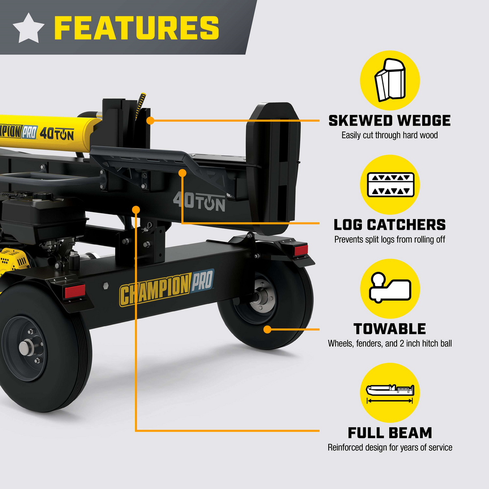 Champion 201091 Pro 40-Ton Log Splitter Horizontal/Vertical Full Beam Gas With Auto Return New