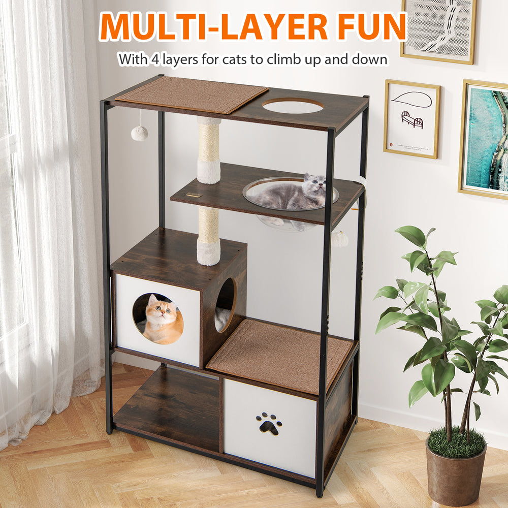 Multi-layer cat tree with 2 condos, soft cushions, and scratching posts, perfect for climbing and lounging.
