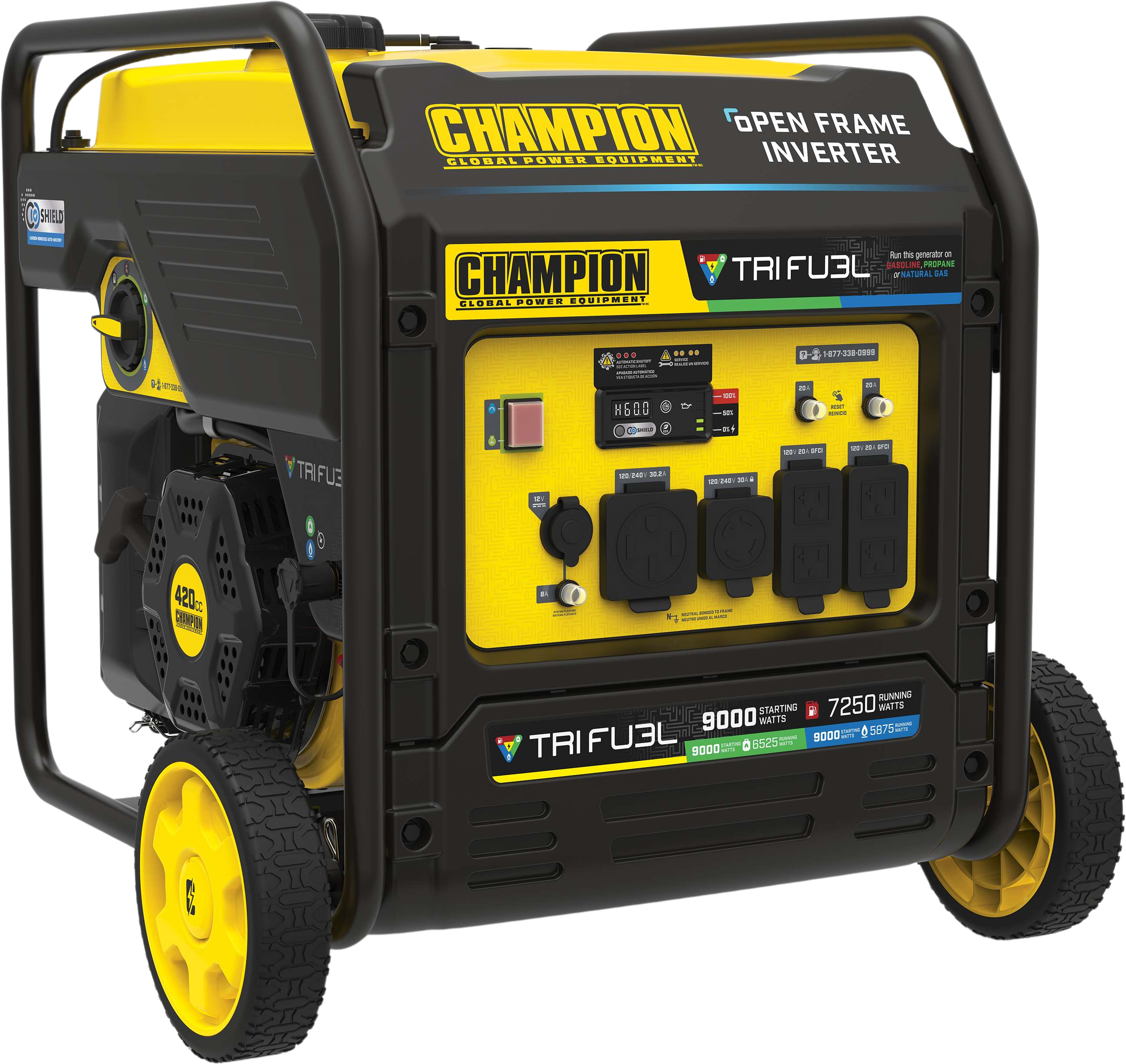 Champion 201176 7250W/9000W Generator Tri-Fuel Gas Propane Natural Gas Inverter Open Frame CO Shield Electric Start New