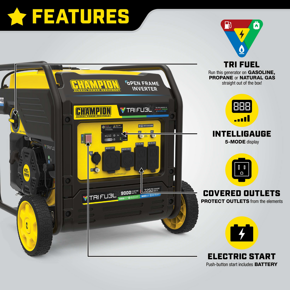 Champion 201176 7250W/9000W Generator Tri-Fuel Gas Propane Natural Gas Inverter Open Frame CO Shield Electric Start New