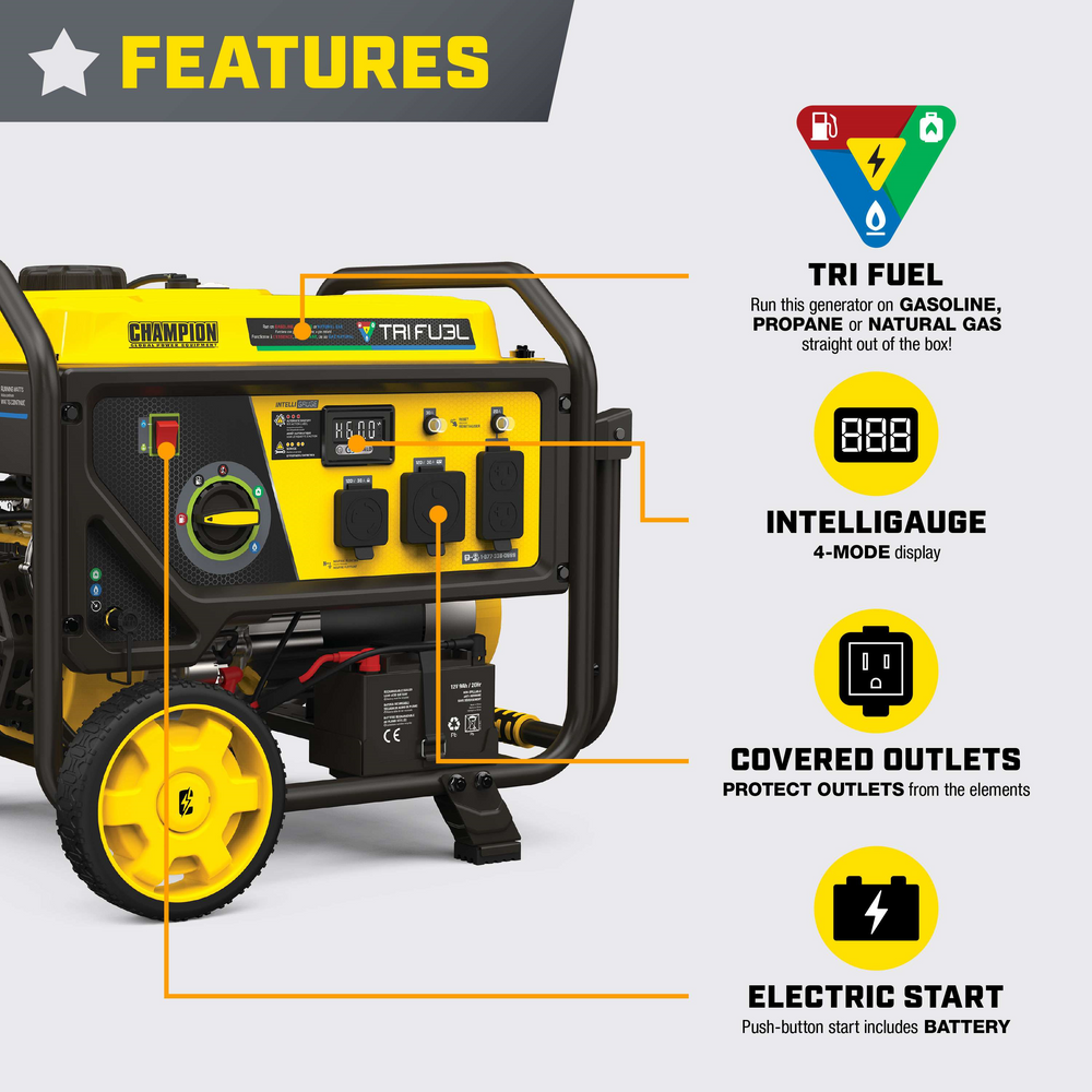 Champion 201223 4000W/5000W Generator Tri-Fuel Gas Propane Natural Gas CO Shield Electric Start New