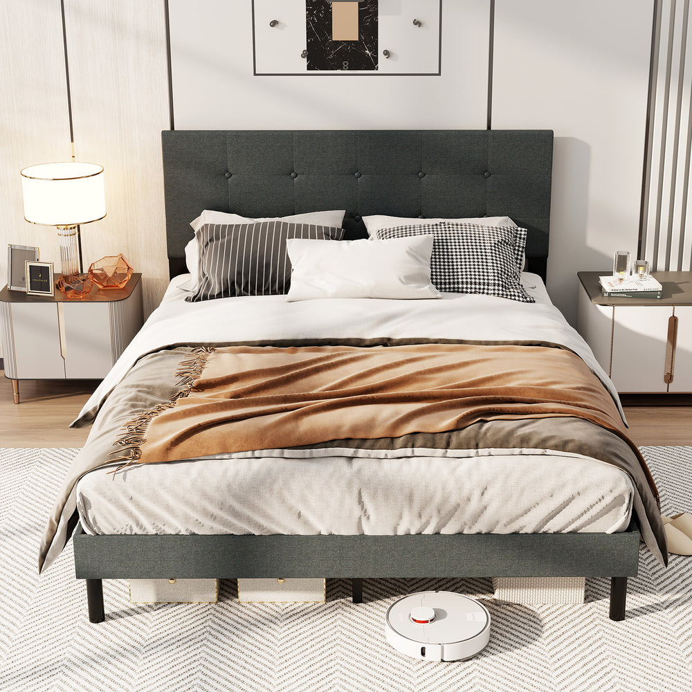 Upholstered headboard of queen size bed frame in dark gray with square stitched design and premium linen fabric for.