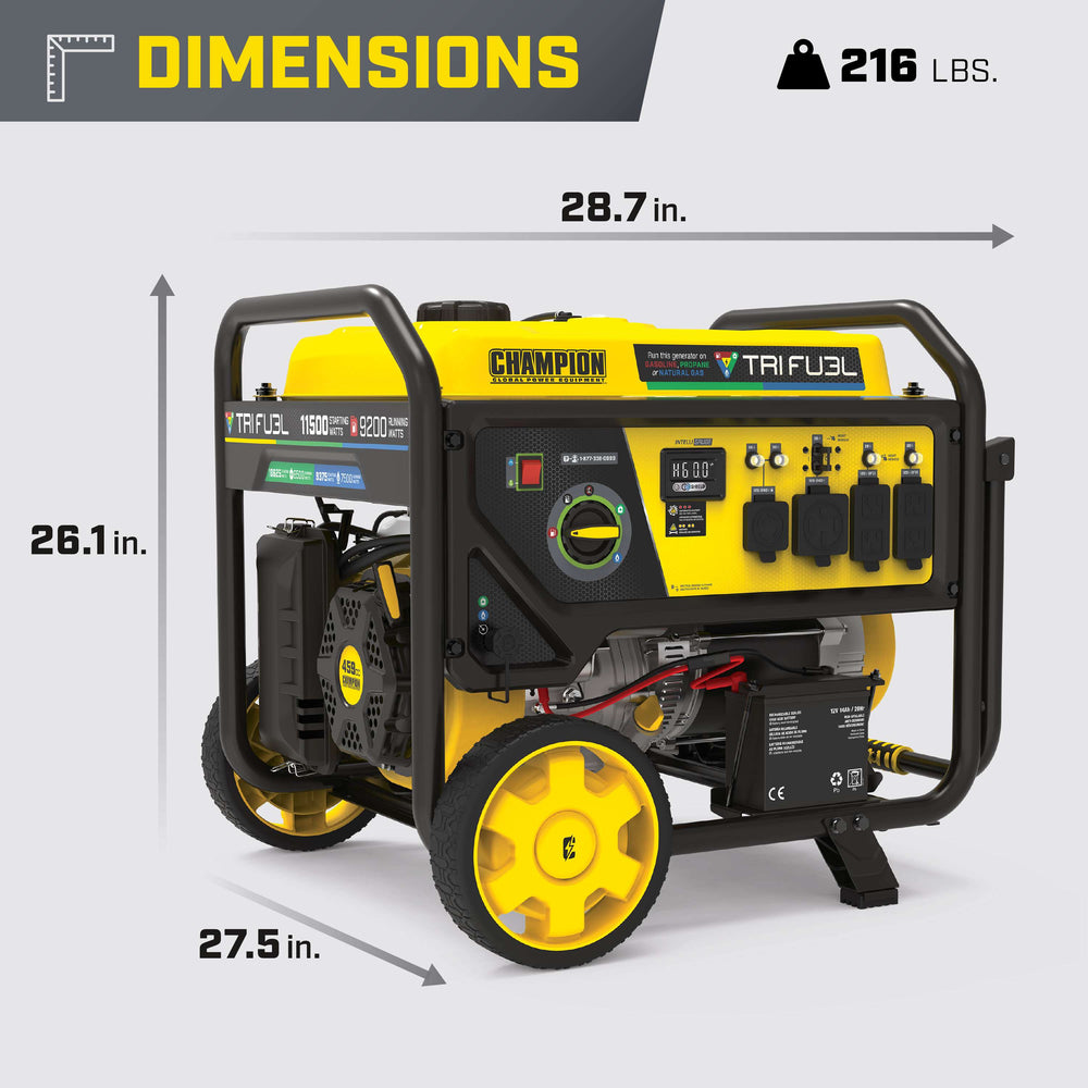 Champion 201412 9200W/11500W Generator Tri-Fuel Gas Propane Natural Gas 50 Amp CO Shield Electric Start New