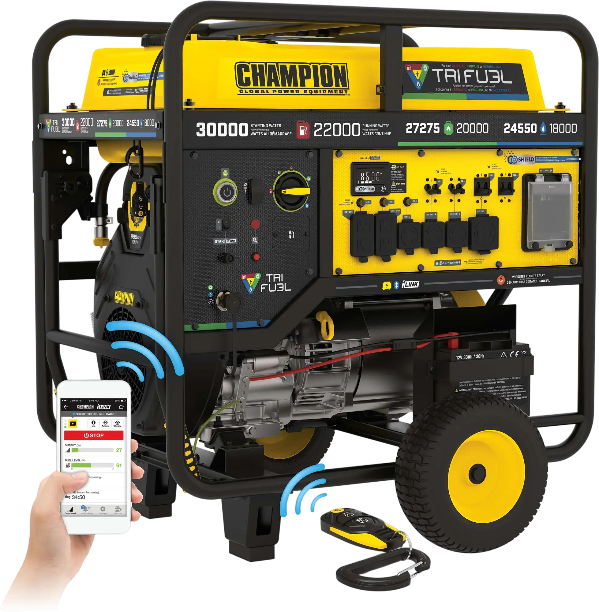Champion 201434 22000W/30000W Generator Tri Fuel Gas Propane Natural Gas 50A CO Shield Remote Start CARB New