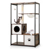 Wooden cat tree with large platforms and dangling balls, designed for climbing, lounging, and interactive playtime.