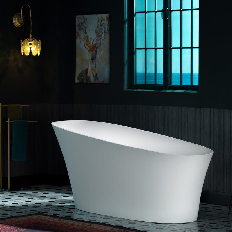 WOODBRIDGE EST0608 Freestanding Bathtub 66-7/8" L x 29-1/2" W Solid Surface Stone Resin Matte White New