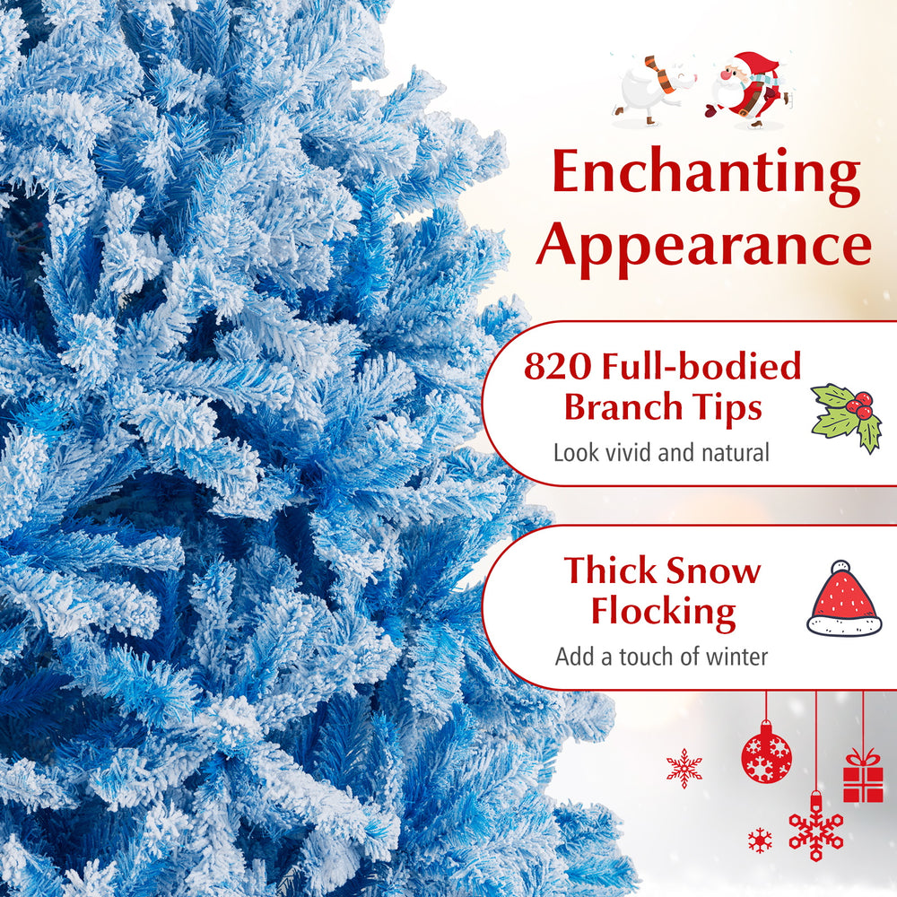 Flocked branch tips of the 6FT artificial Christmas tree showcase a vivid blue color, perfect for festive holiday decor.