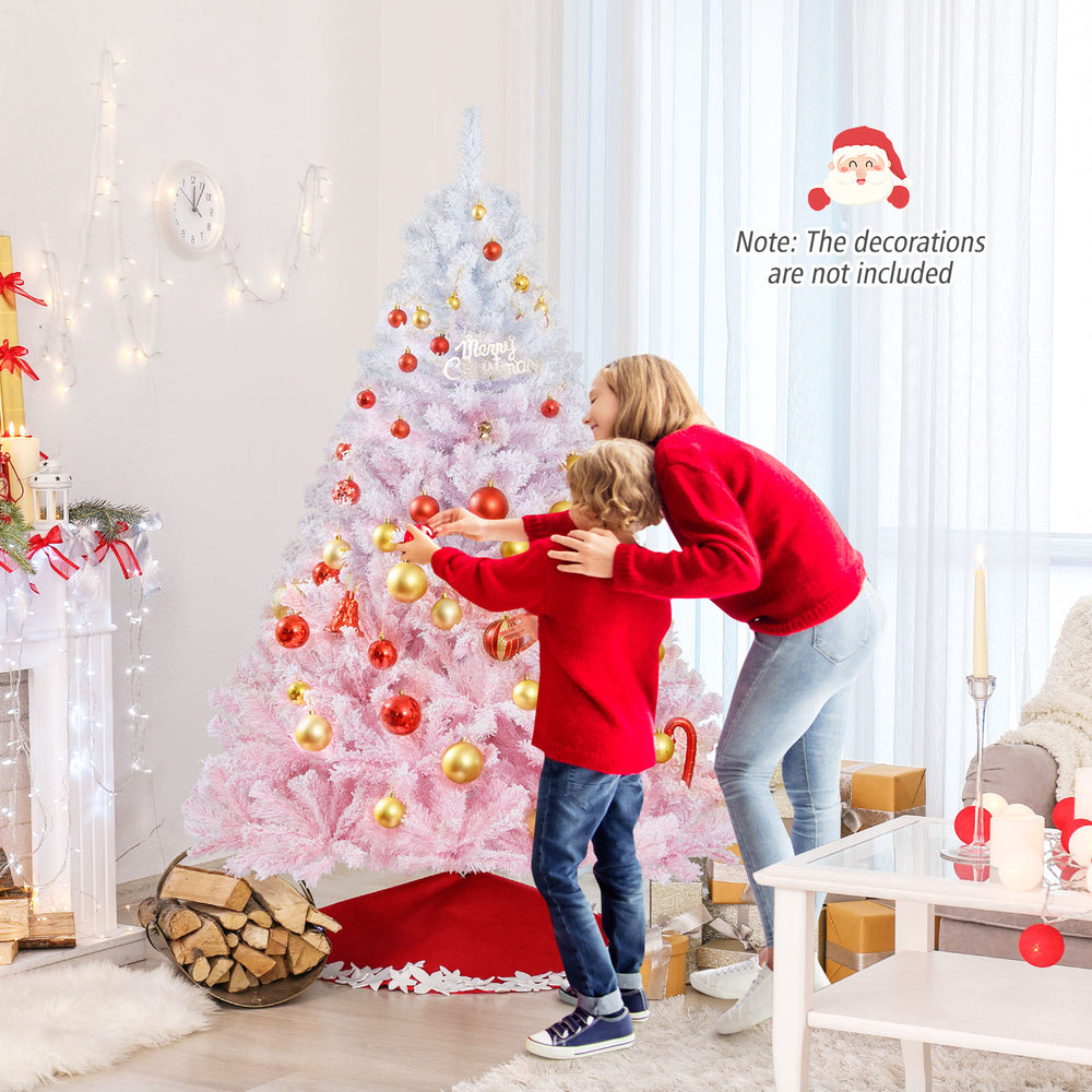 6FT artificial Christmas tree with flocked branch tips and folding metal stand, perfect for holiday decorating at home.