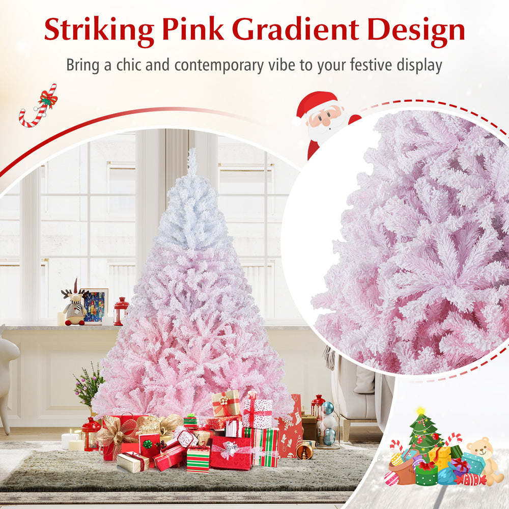 6FT artificial Christmas tree with pink gradient design and 456 flocked branch tips, perfect for festive holiday.