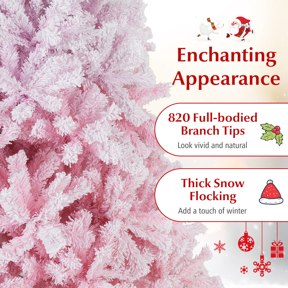 6FT artificial Christmas tree with 820 flocked branch tips, featuring a folding metal stand for easy setup and.