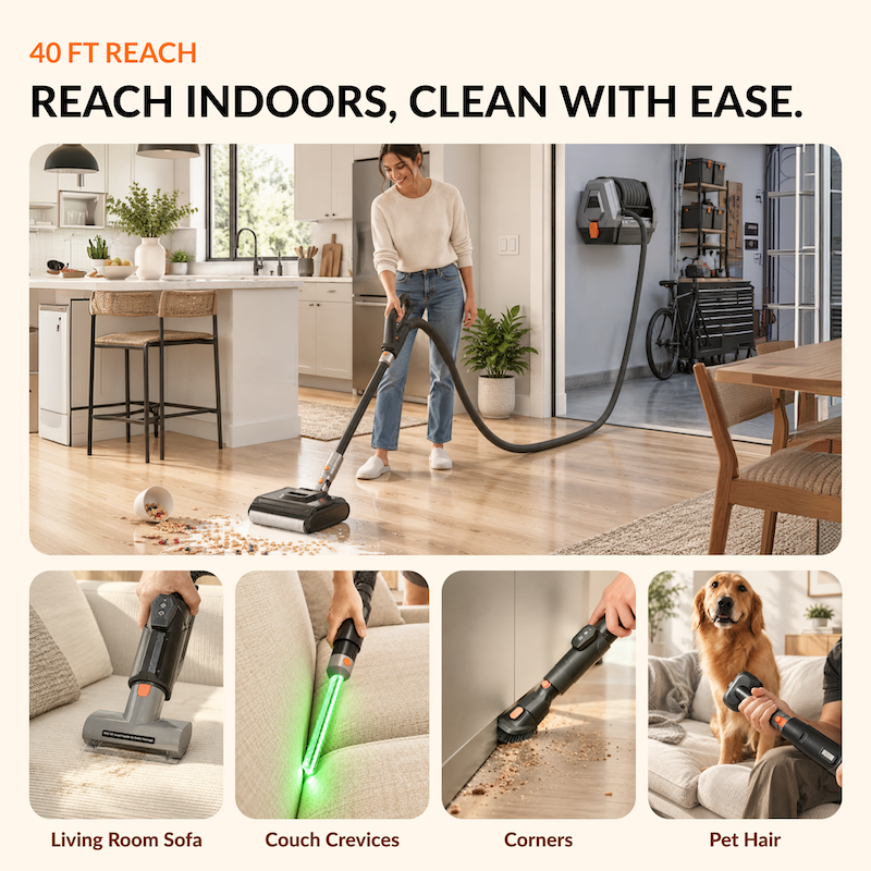 Giraffe Tools GrandFlux Retractable Vacuum Cleaner 40 ft 1200W New