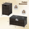 Rectangle gas firepit with tank cover in brown PE rattan, featuring a black tempered glass top and dimensions of.