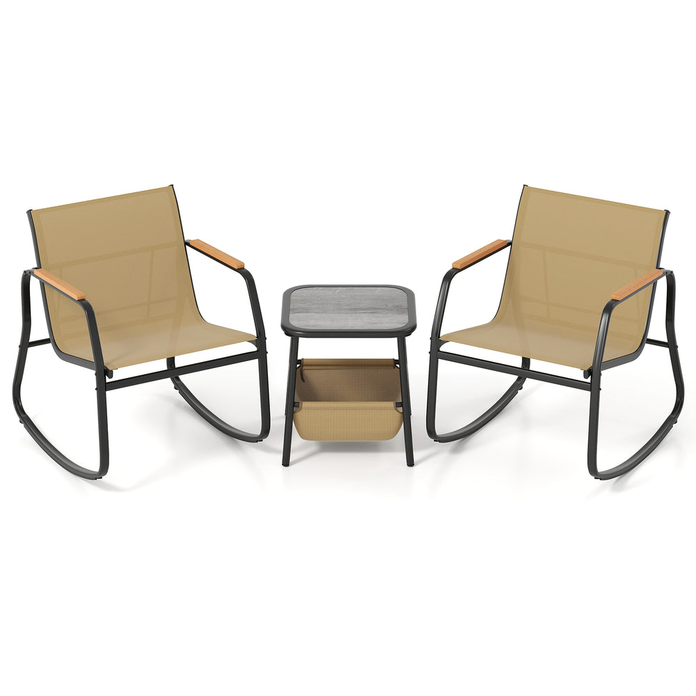 3-piece rocking bistro chair set in brown with ergonomic seats and a side table featuring a storage bag, ideal for.
