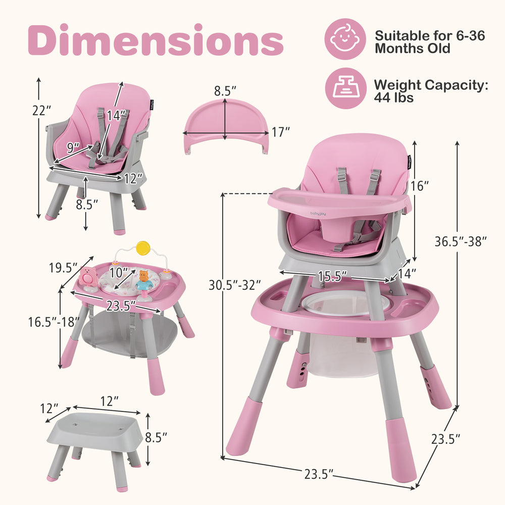16-in-1 pink baby high chair with adjustable height, activity center, and booster seat for infants and toddlers.