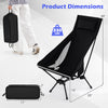 High back portable camping chair in black with dimensions, compact carry bag, and ergonomic design for comfort.