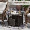 Square outdoor side table in brown PE wicker with inner storage, featuring a 1.93" umbrella hole for patio use.