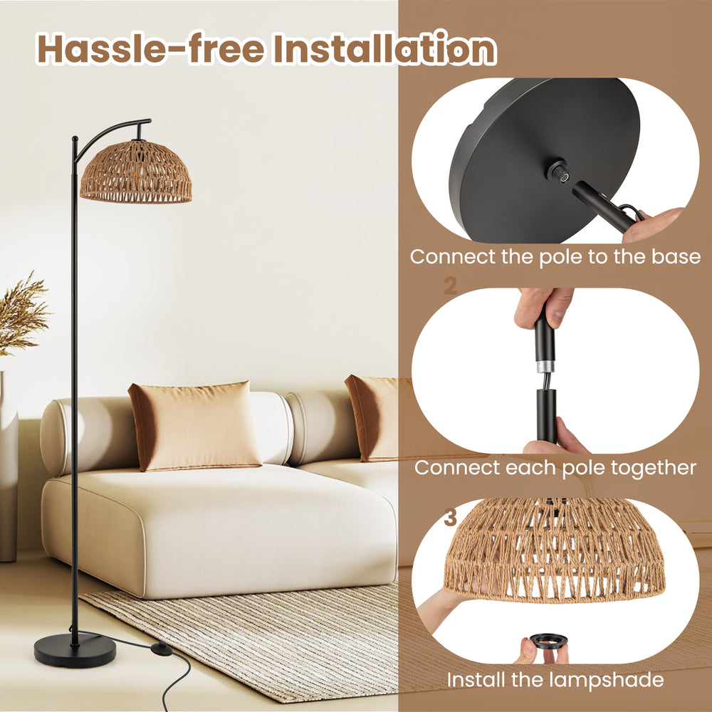 Arc floor lamp with a black pole and woven lampshade, showcasing hassle-free installation for living room decor.