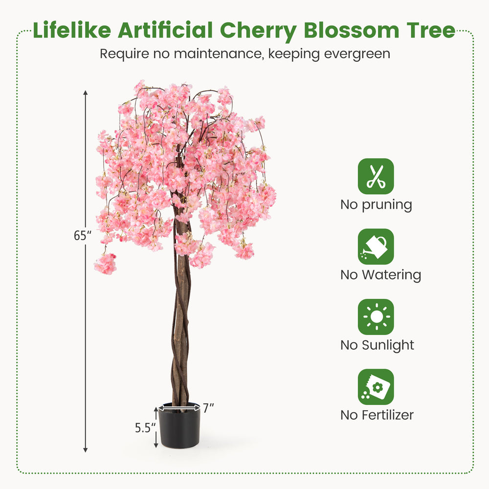 5.5 FT tall artificial cherry blossom tree with delicate pink flowers, showcasing a graceful drooping design for.