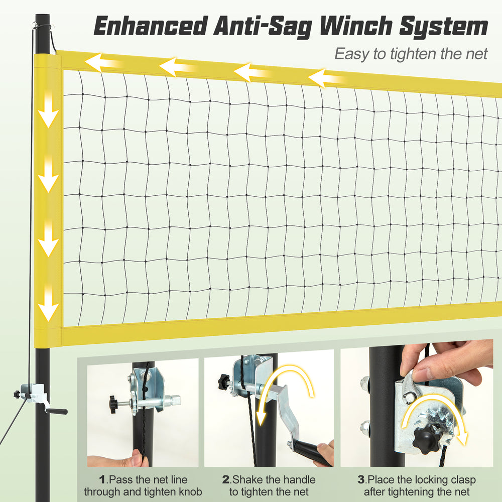Portable outdoor volleyball net set featuring an enhanced anti-sag winch system for easy net tightening and adjustment.