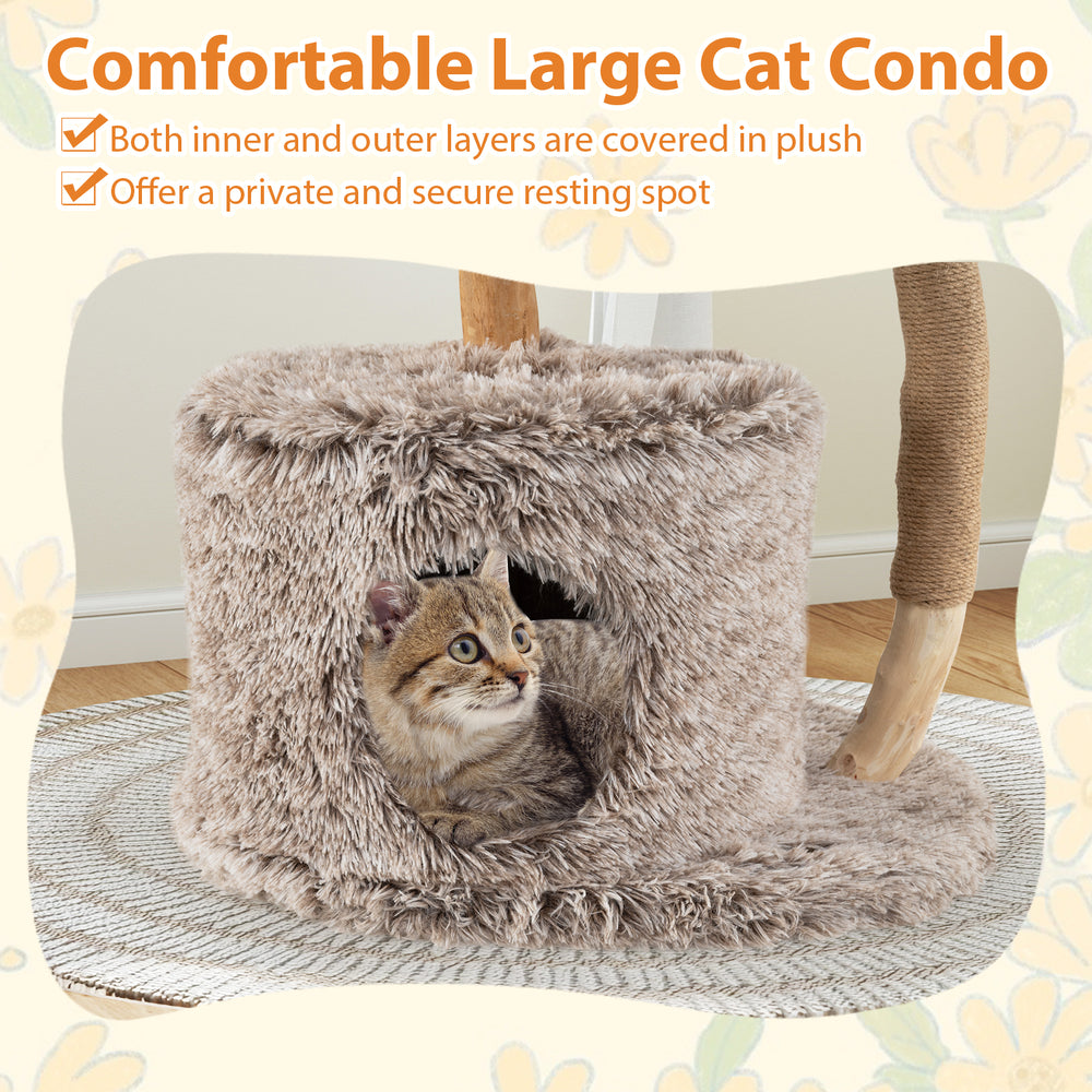 Cozy cat condo with plush covering and secure resting spot, part of a solid pear wood cat tree with multiple levels.