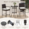 Bar height table with tempered glass top and two cushioned chairs, perfect for porch or poolside relaxation.