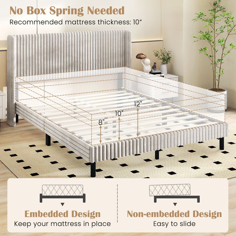 Queen size velvet bed frame with tufted headboard, featuring an embedded design for mattress stability and elegant.