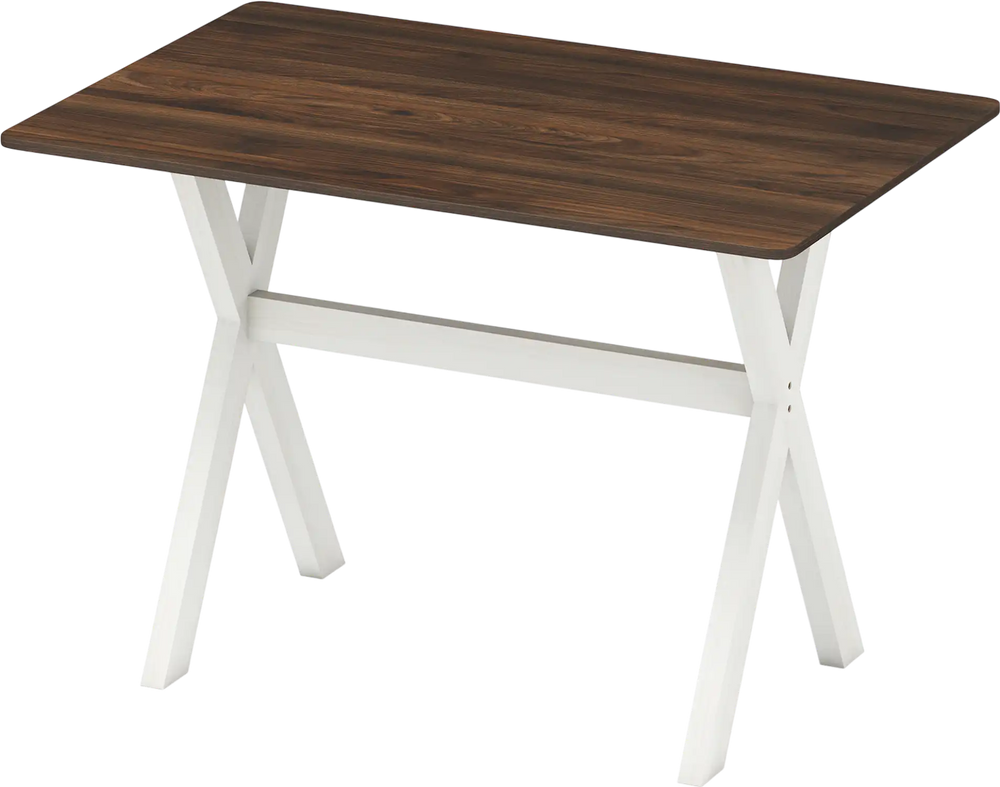 Modern dining table with a spacious wood grain surface and X-shaped white frame, ideal for kitchens and dining areas.