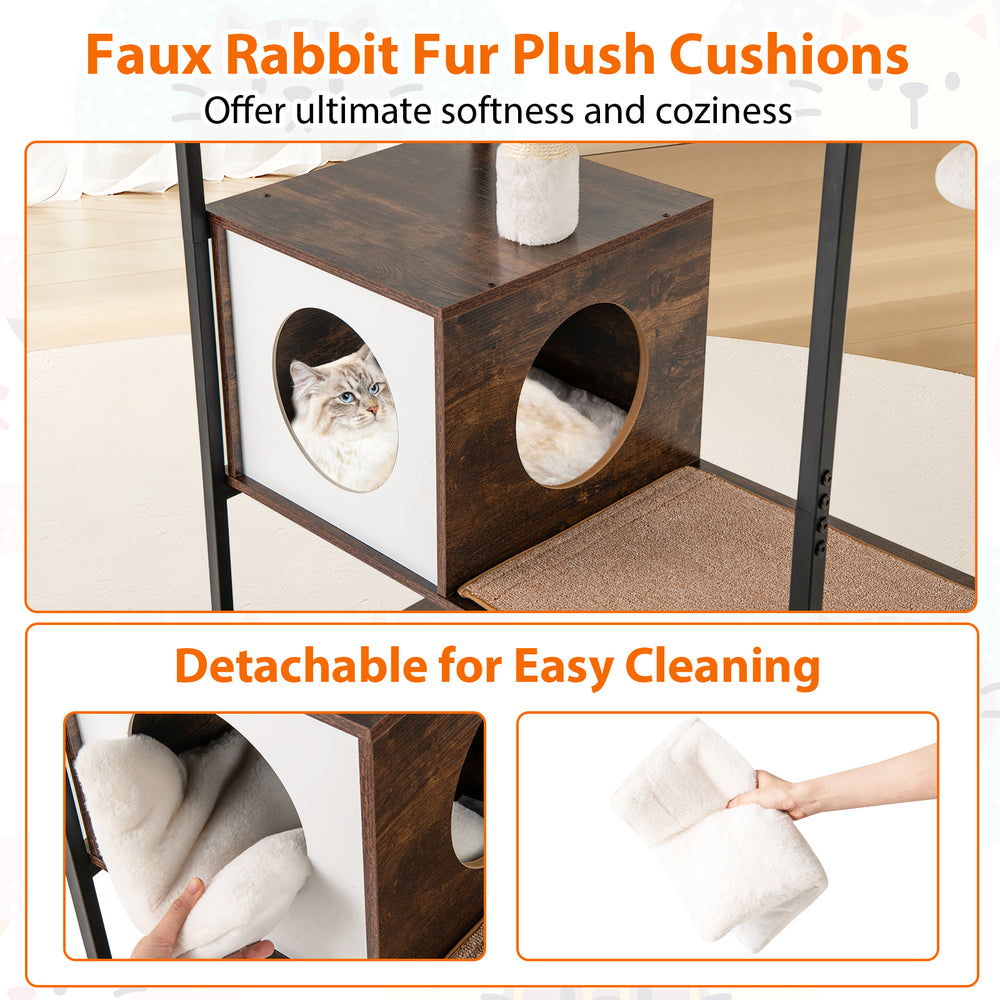 Faux rabbit fur plush cushions in the cat tree condos provide ultimate softness and coziness for your feline friends.