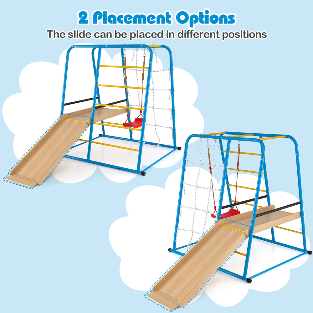 Indoor jungle gym with adjustable slide placement, swing, and sturdy metal frame for safe play for kids 3+.