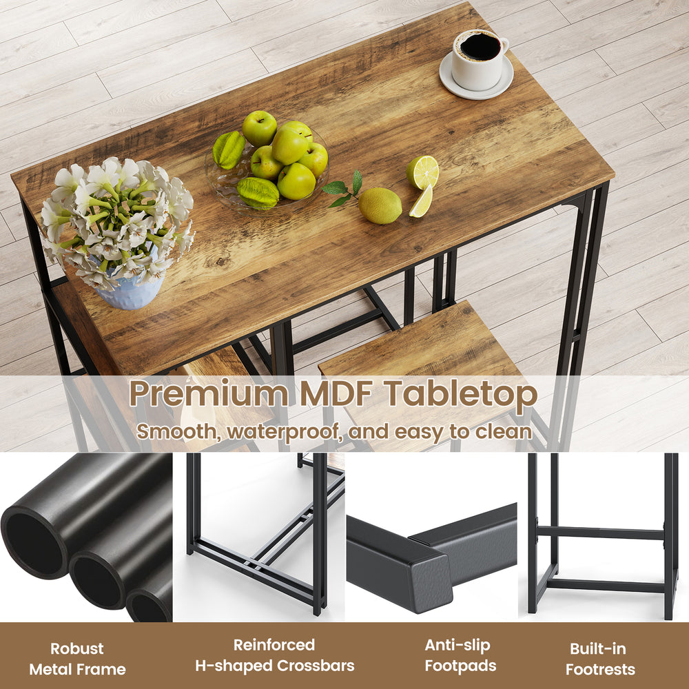 Rustic brown 3-piece bar table set with premium MDF tabletop and 2 stools, perfect for small dining spaces.