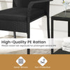 Black patio chair made of high-quality PE rattan with ergonomic design, featuring soft seat cushions for comfort.